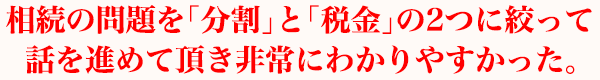 相続の問題は「分割」と「税金」の2つに絞って話を進めて頂き非常にわかりやすかった。