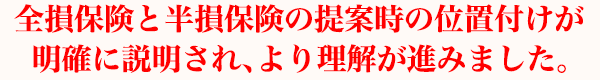 全損保険と半損保険の提案時の位置付けが明確に説明され、より理解が進みました。