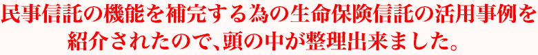 民事信託の機能を補完する為の生命保険信託の活用事例を紹介されたので、頭の中が整理出来ました。