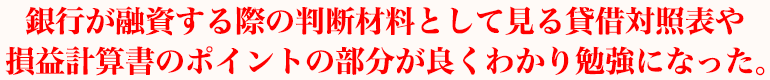 銀行が融資する際の判断材料として見る貸借対照表や損益計算書のポイントの部分が良くわかり勉強になった。
